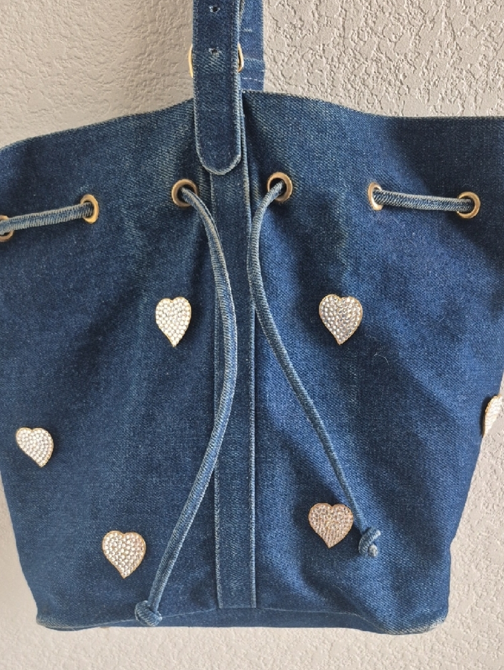 Sepcoeur Paris Denim Bucket Drawstring Bucket Bag with Heart Studs - Blue - Picture 2 of 15